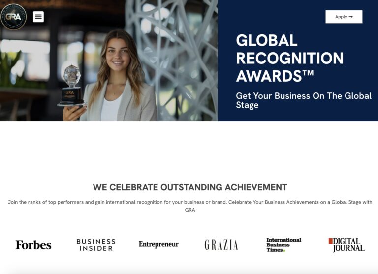 Global Recognition Awards homepage with logo integration